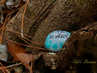 Painted rock in the nook of a tree that says "Be Happy"