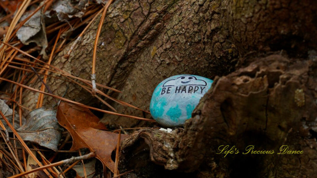 Painted rock in the nook of a tree that says &quot;Be Happy&quot;