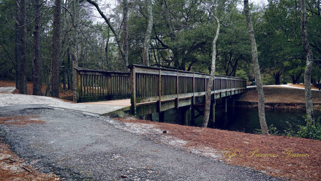 Entrance to a pedestrian bridge spanning a portion of Sesquicentennial Lake. Trail on either side.