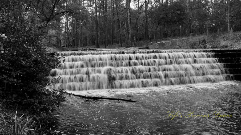 Black and white of a two-tiered waterfall at Sesquicentennial State Park.