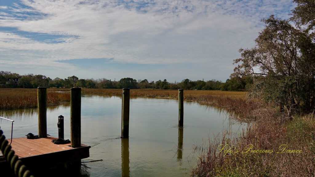 Pier posts reflecting in a marsh at Charles Towne Landing. Clouds reflecting in the water.