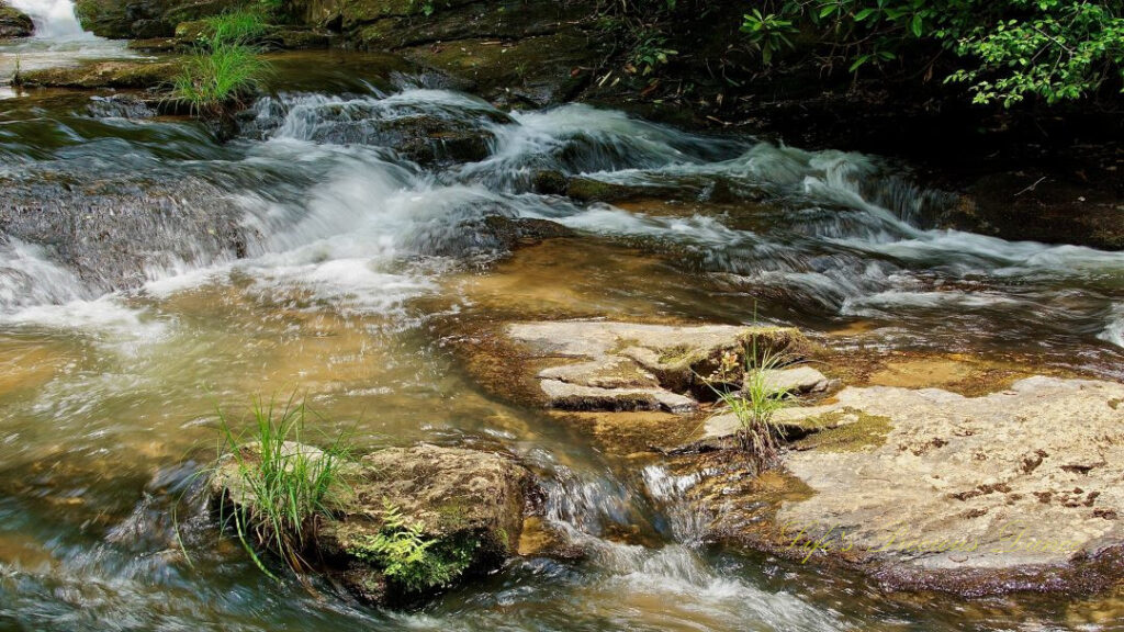 Water rushing over rocks in the creek at the base of Long Creek Falls.