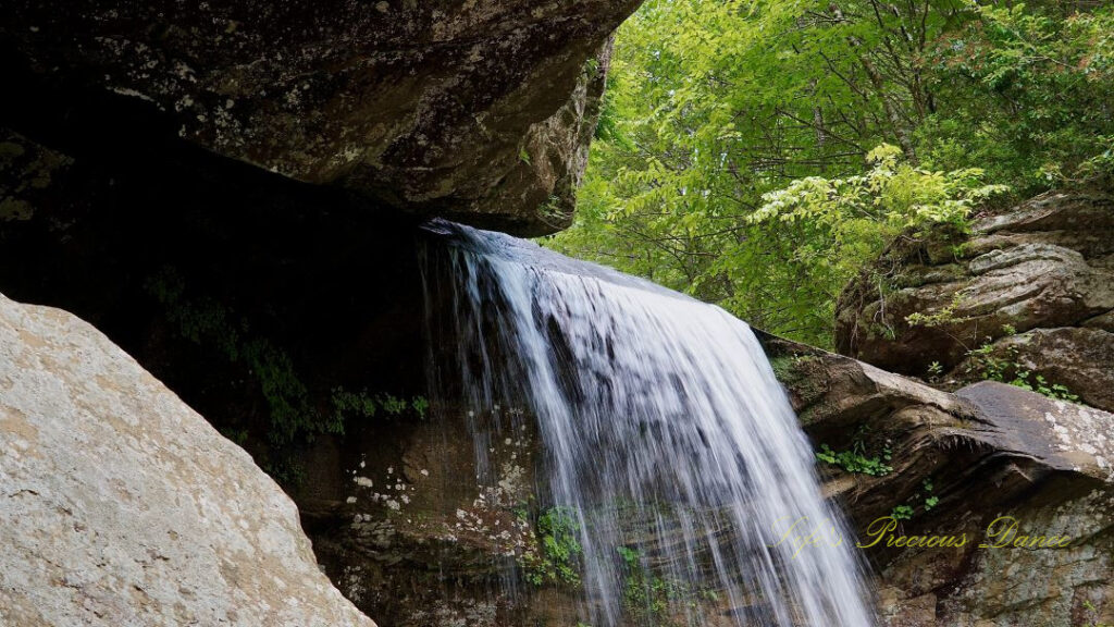 Top of Eagle Falls spilling over a rockledge. Lush trees above and to the left.