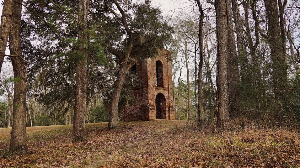 Ground level view, looking upwards, of the bell tower ruins at Colonial Dorchester Historic Site