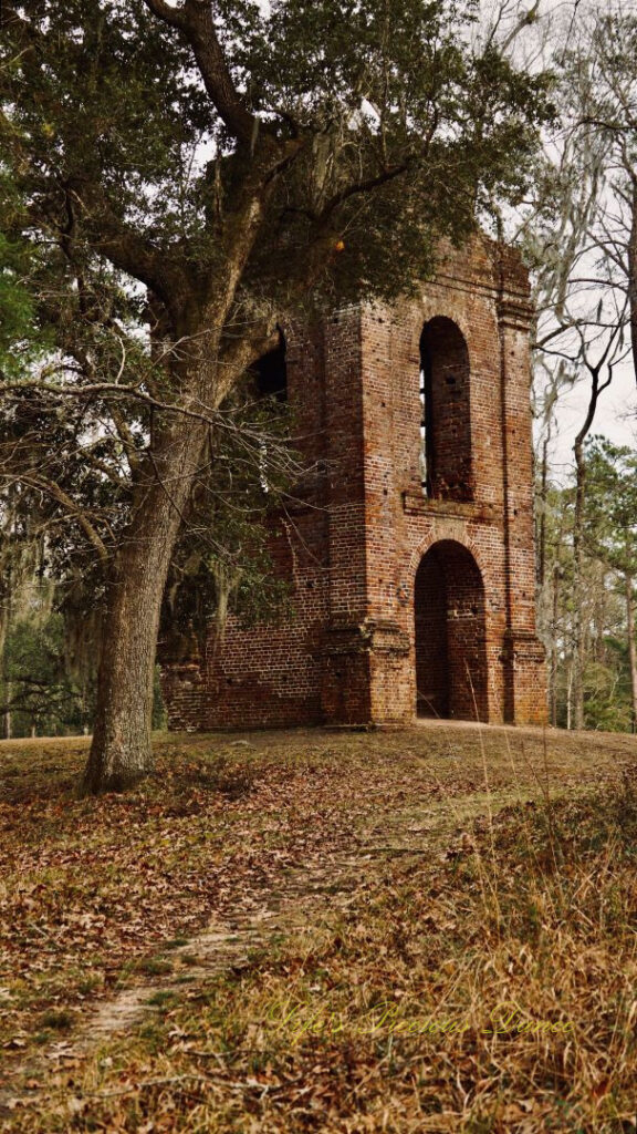 Ground level view, looking upwards, of the bell tower ruins at Colonial Dorchester Historic Site