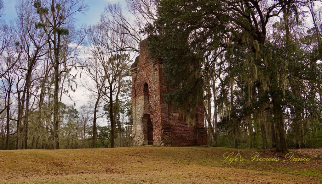 Ground level view, looking upwards, of the bell tower ruins at Colonial Dorchester Historic Site