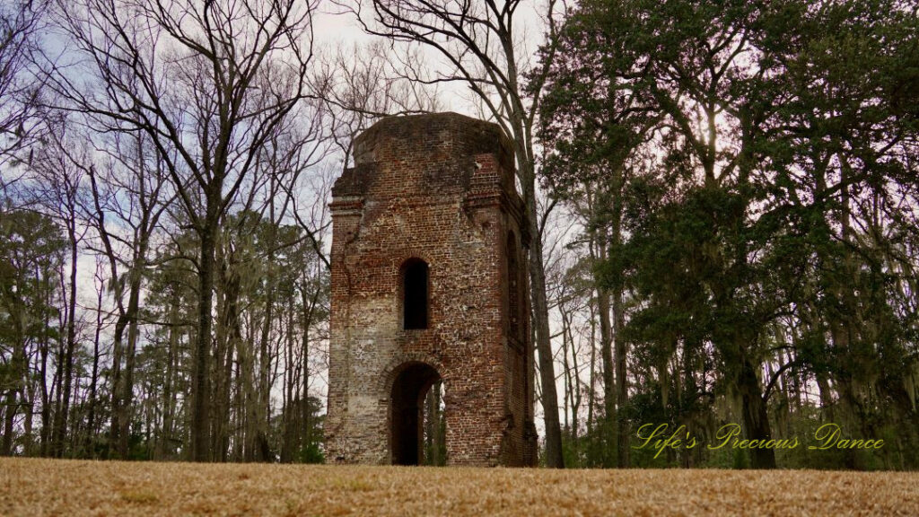 Ground level view, looking upwards, of the bell tower ruins at Colonial Dorchester Historic Site