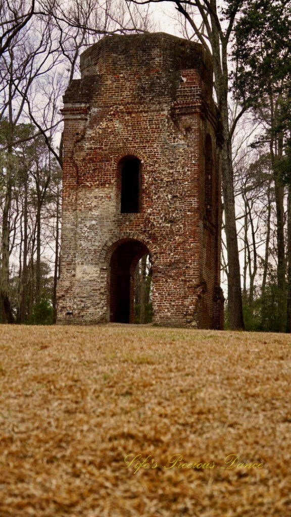 Ground level view, looking upwards, of the bell tower ruins at Colonial Dorchester Historic Site