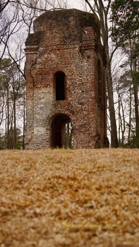 Ground level view, looking upwards, of the bell tower ruins at Colonial Dorchester Historic Site