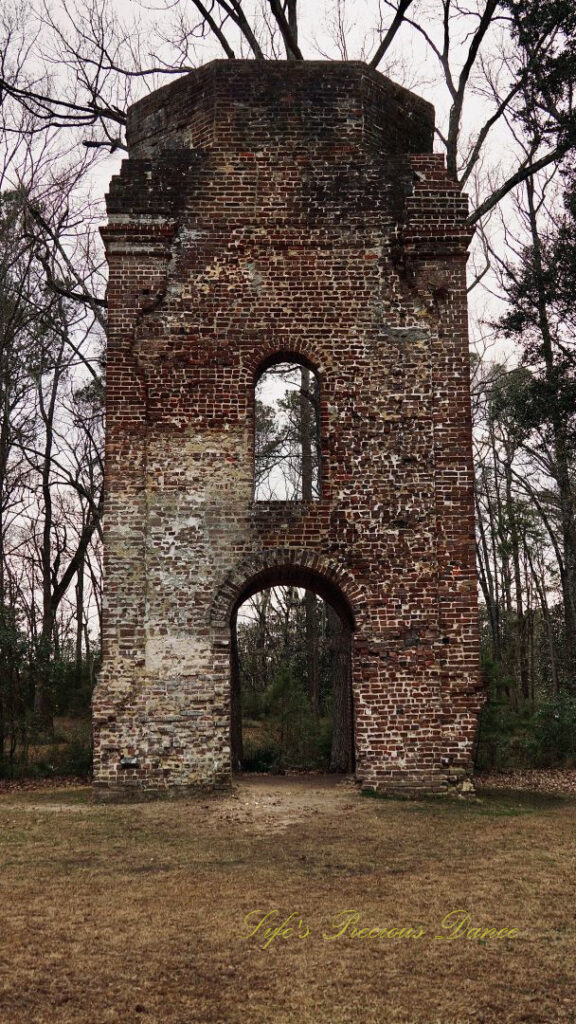 Ground level view, looking upwards, of the bell tower ruins at Colonial Dorchester Historic Site