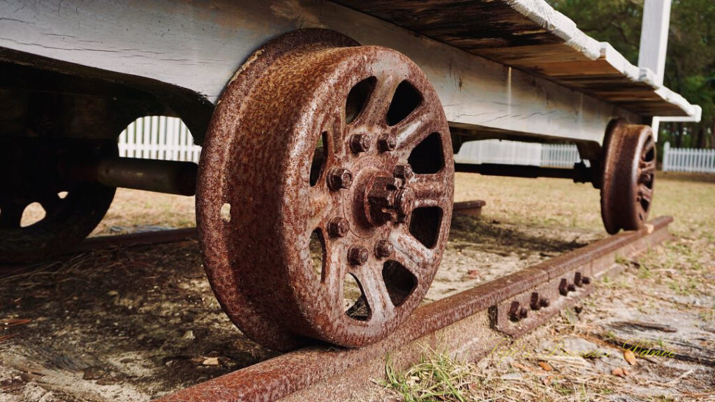 Looking upward from the ground at the rusted wheel of an old cart.