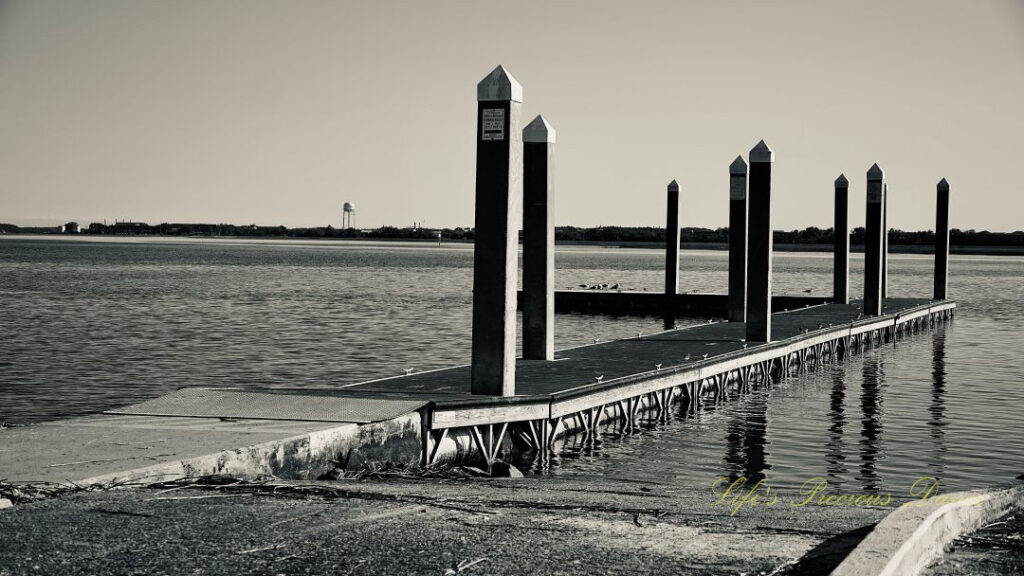 Black and white of a pier at Sands Beach. A water tower stands in the background.