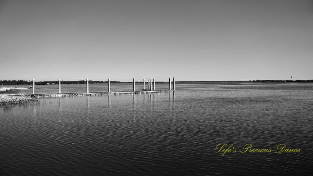 Black and white of a pier reflecting in the Beaufort River.