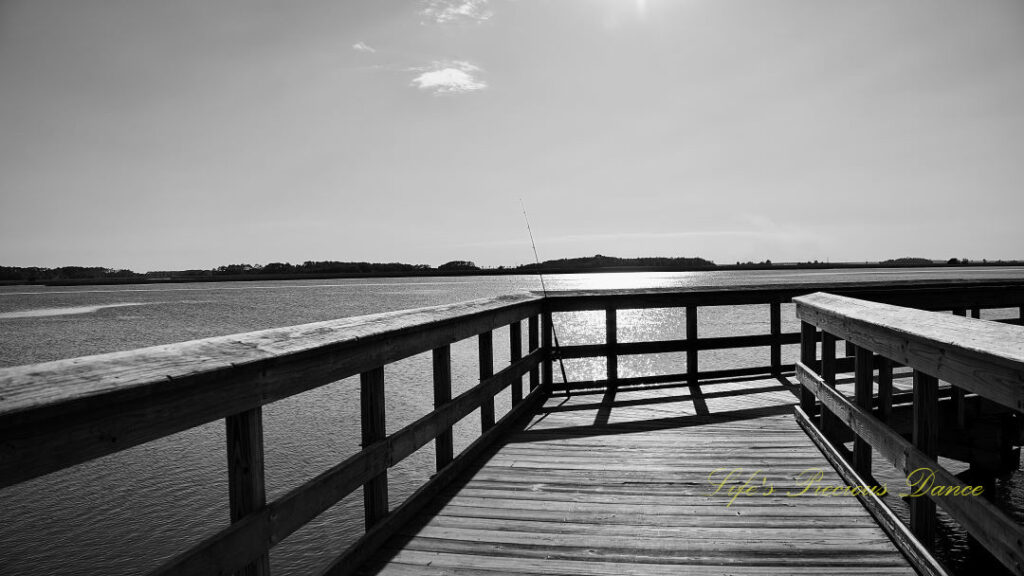 Black and white of a fishing pole on a pier at Sands Beach.