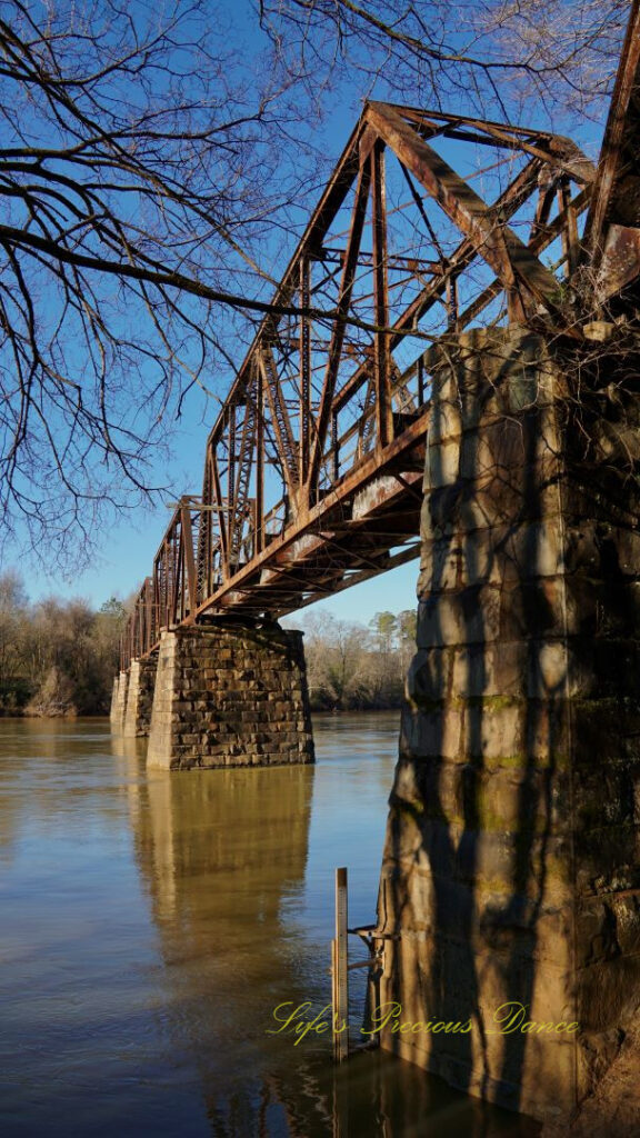 Close up of an old train trestle spanning the Broad RIver.