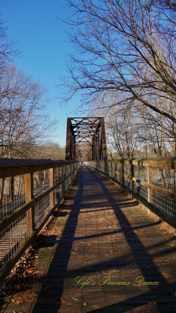 Straight on view of an old train trestle turned walking bridge.