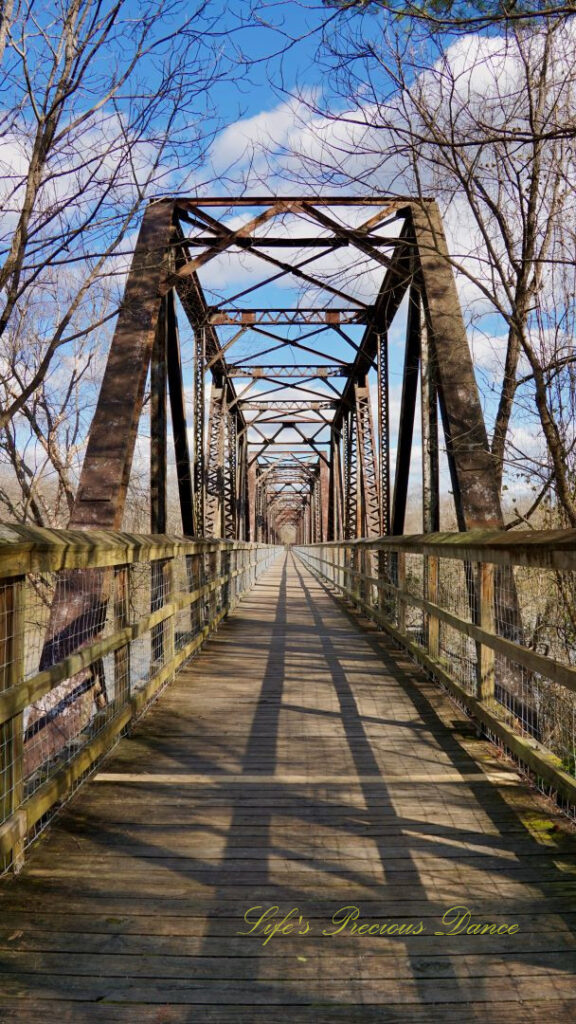 Straight on view of an old train trestle turned walking bridge.