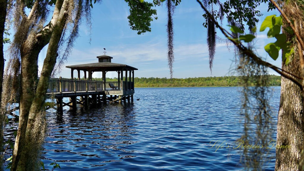 Pier with a gazebo on Lake Warren framed through trees with Spanish moss hanging down.