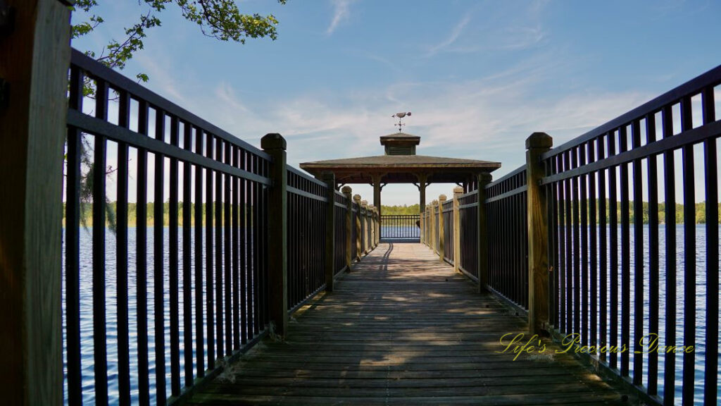 Ground level view of the pier at Lake Warren State Park.