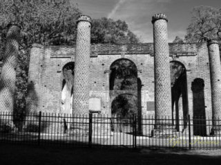 Black and white view of the front of the Old Sheldon Church Ruins.