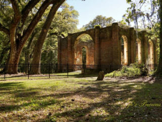 Rear side view of the Old Sheldon Church ruins. An old slanted tombstone stands to the side.