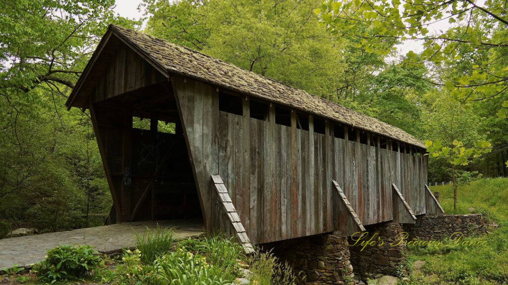 Side view of historic Pisgah Covered Bridge.