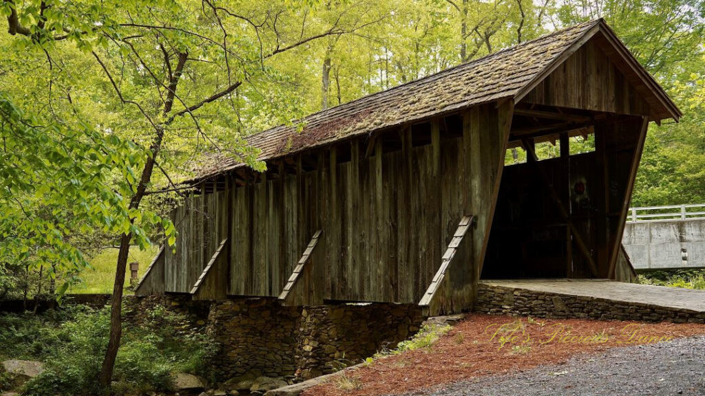 Side view of historic Pisgah Covered Bridge.