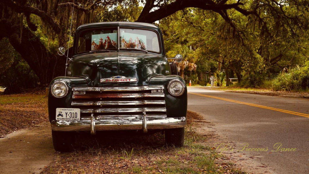 Front view of a classic dark green 1953 Chevrolet 3100 truck.