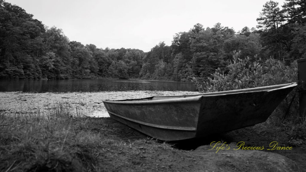 Black and white of a rowboat on the bank of a pond surrounded by trees.