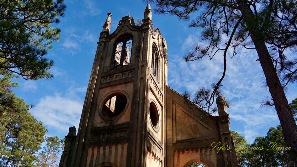 Looking upward at the steeple of the Prince Frederick Church Ruins. Pine trees in either side.