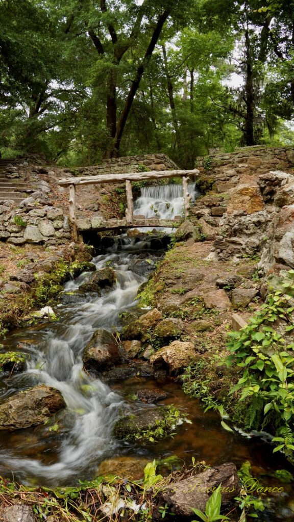 The mini-waterfall spilling through the rocks at Poinsett State Park, surrounded by the old mill remnants. A small stone bridge crosses over the water.