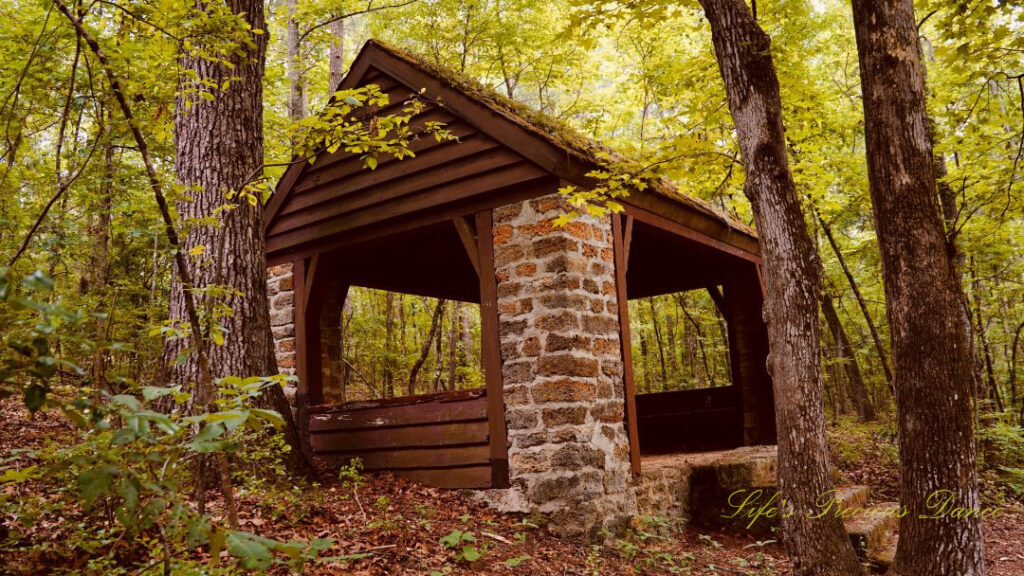 Side view of a brick shelter along a trail at Poinsett State Park.