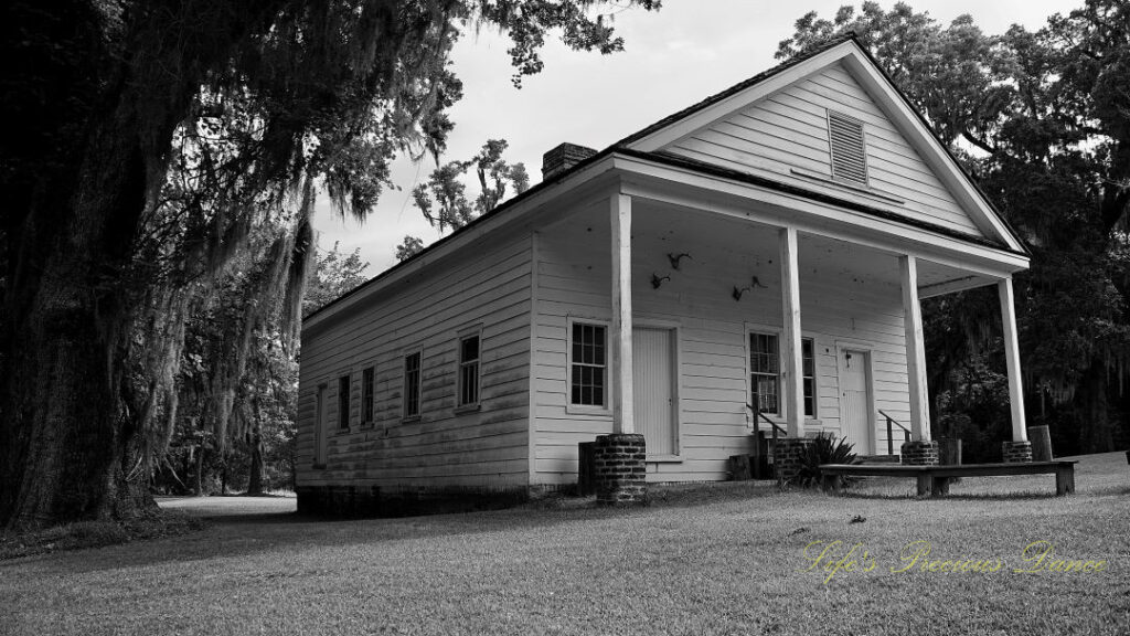 Black and white looking upward view of the kitchen house at Hampton Plantation.