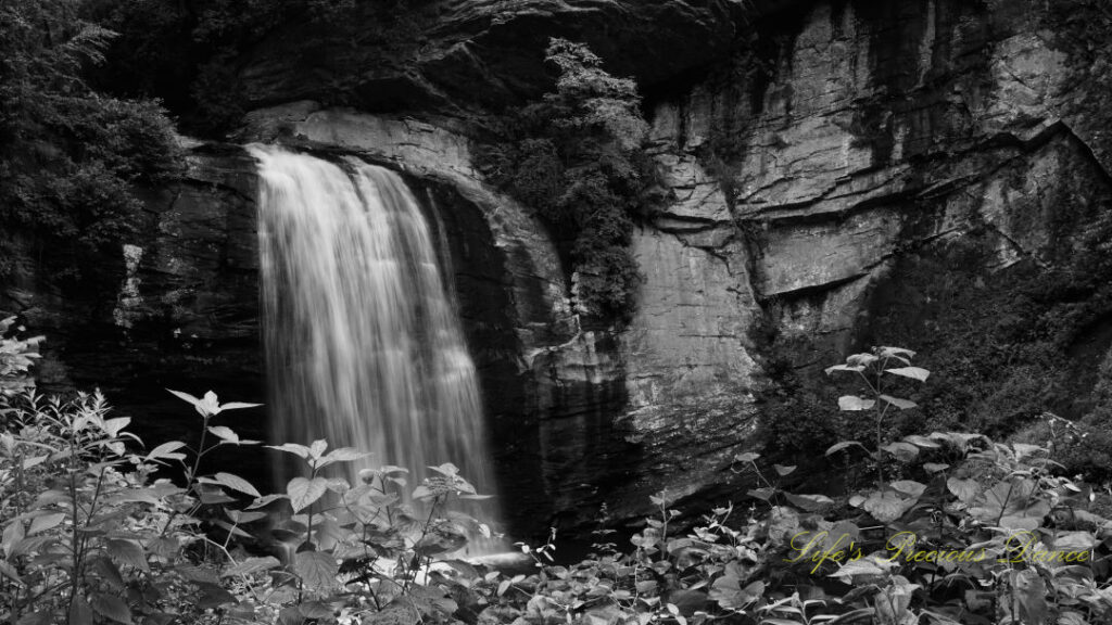 Black and white view of Looking Glass Falls spilling down a rockface.