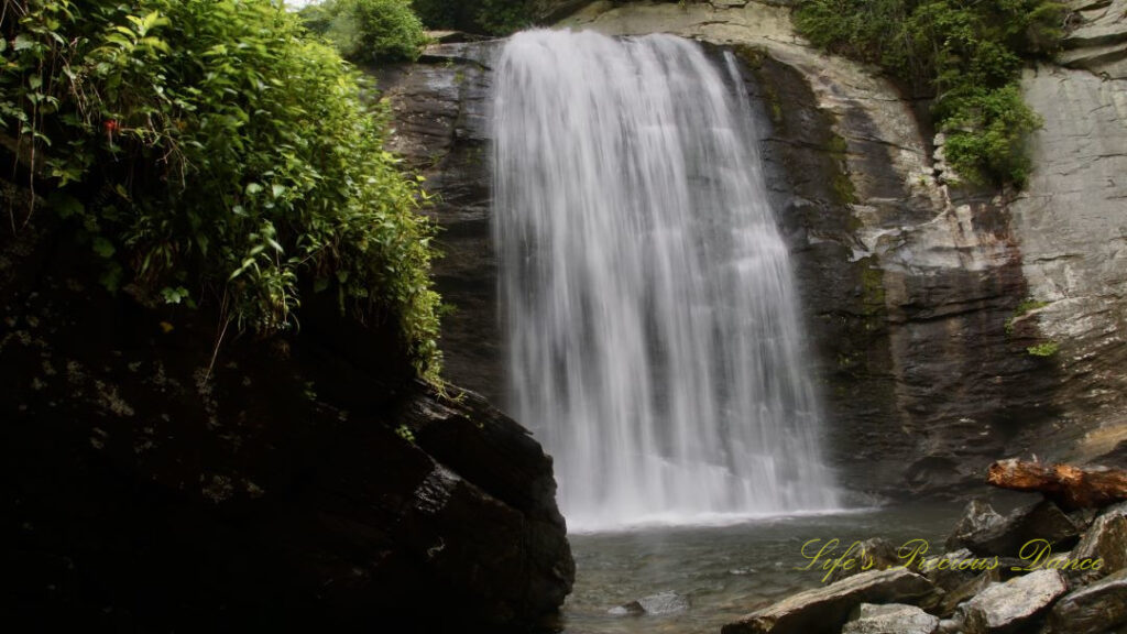 Looking Glass Falls spilling down a rockface into a pool of water.