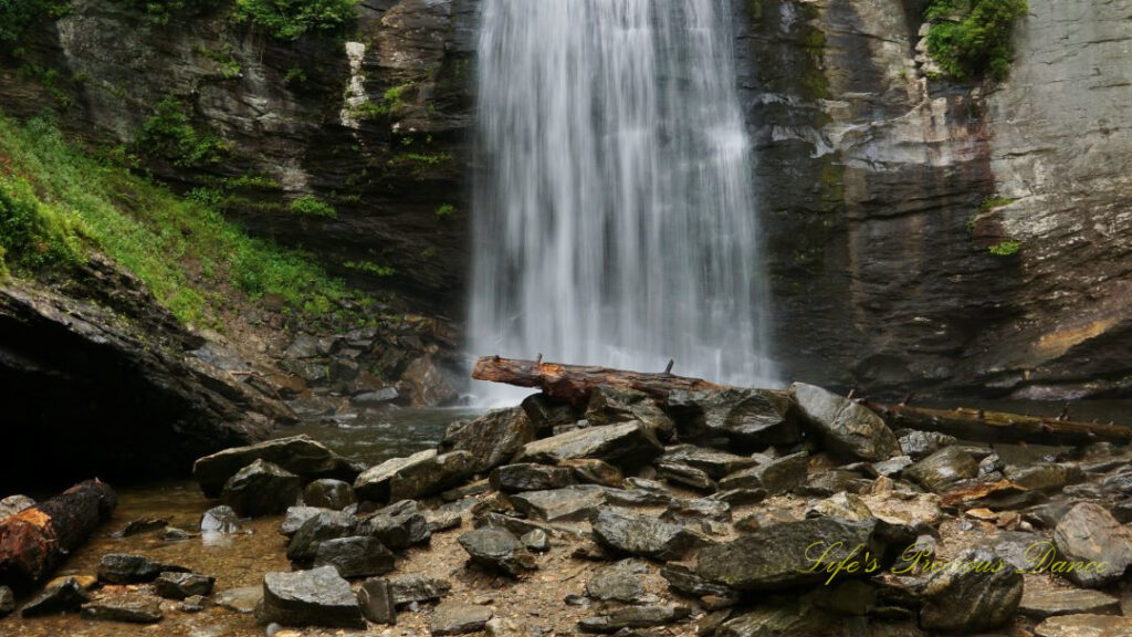 The base of Looking Glass Falls spilling into the awaiting creek below. Scattered rocks and a downed tree in the foreground.