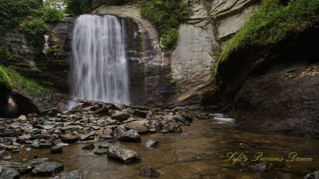 Looking Glass Falls spilling into the awaiting creek below. Scattered rocks and a downed tree in the foreground.