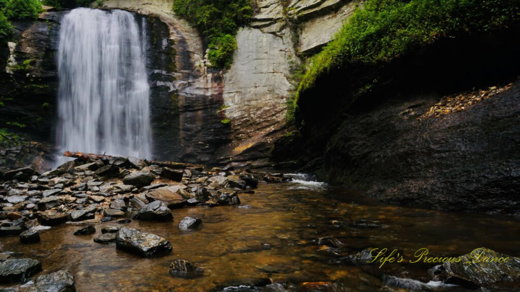 Looking Glass Falls spilling into the awaiting creek below. Scattered rocks and a downed tree in the foreground.