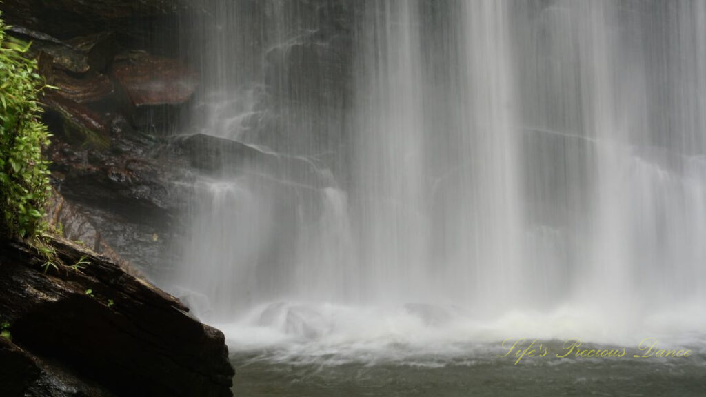 Close up of the base of Looking Glass Falls pouring into a pool of water.