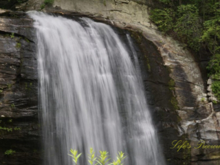 Close up of Looking Glass Falls spilling over the top of a rockface.