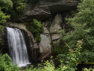 Looking Glass Falls pouring down a rockface into the awaiting mountain stream below.