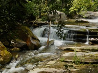 The upper section of Bird Rock Falls flowing over and through the rocks of the French Broad River.