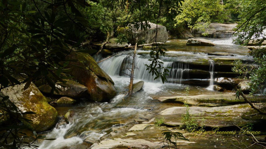 The upper section of Bird Rock Falls flowing over and through the rocks of the French Broad River.