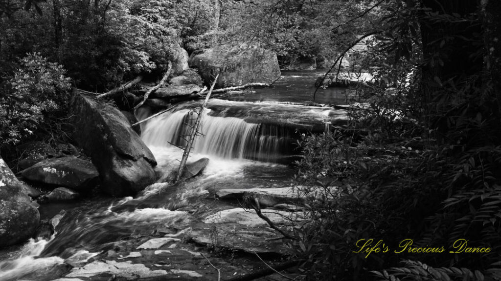 Black and white of the upper section of Bird Rock Falls flowing over and through the rocks of the French Broad River.