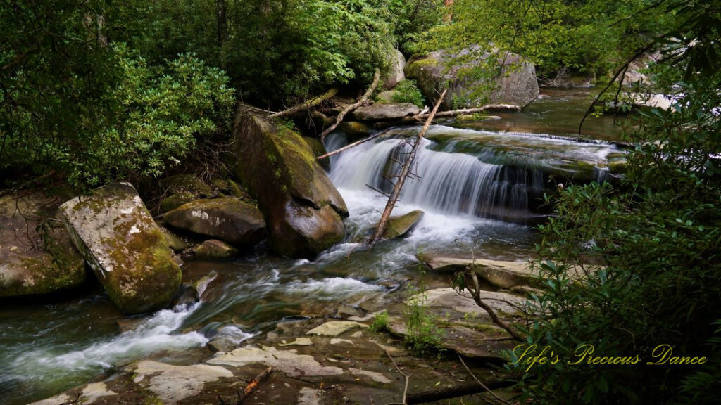 The upper section of Bird Rock Falls flowing over and through the rocks of the French Broad River.