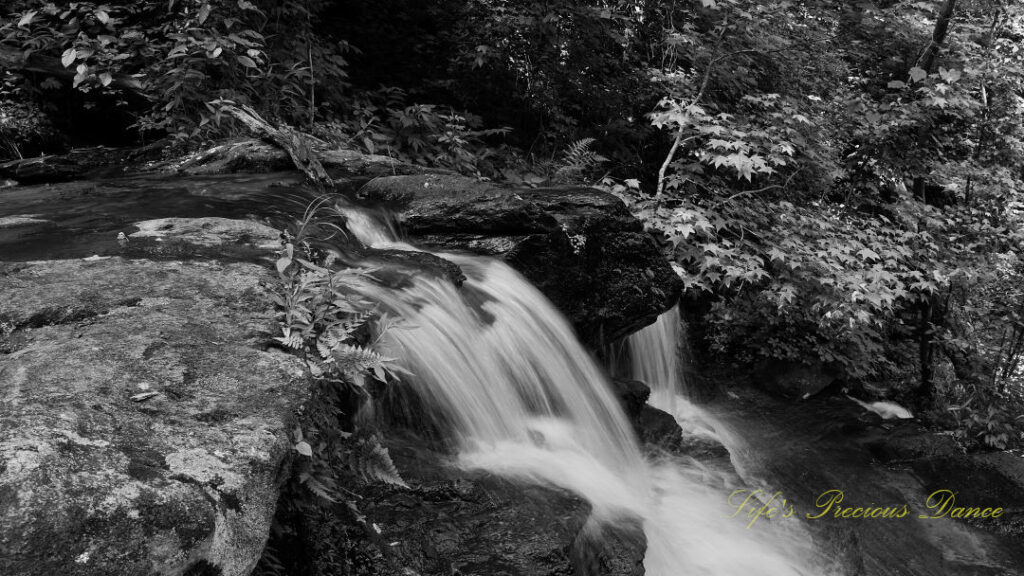 Black and white of a section of Issaqueena Falls flowing over and through the rocks.