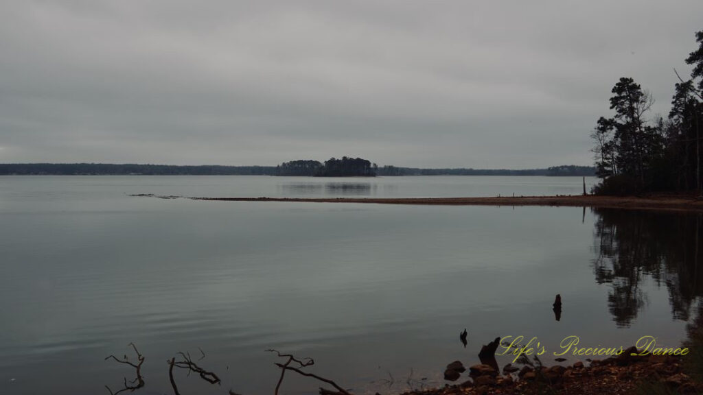 Waterscape view of Lake Murray. Mostly cloudy skies overhead and an island of trees in the background.