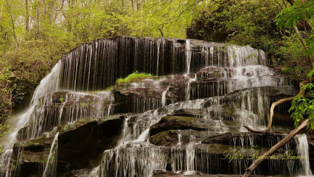 The upper section of Yellow Branch Falls spilling over the ledge and down the rocks.