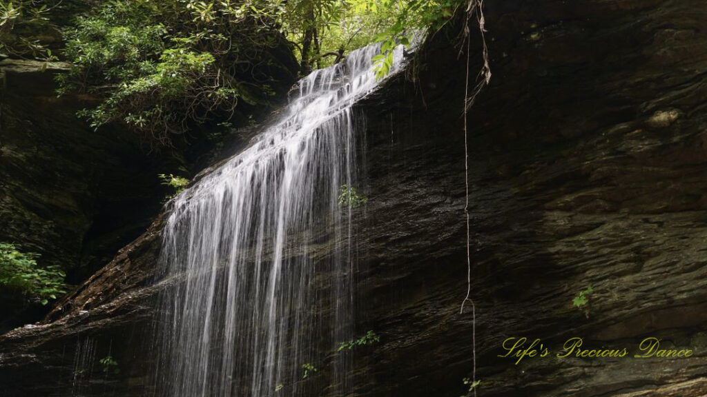 Close up of the upper section of Moore Cove Falls spilling over the rockledge.