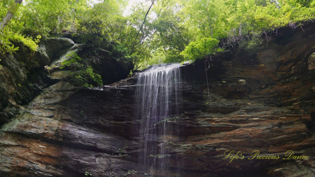 Close up of the upper section of Moore Cove Falls spilling over the rockledge.